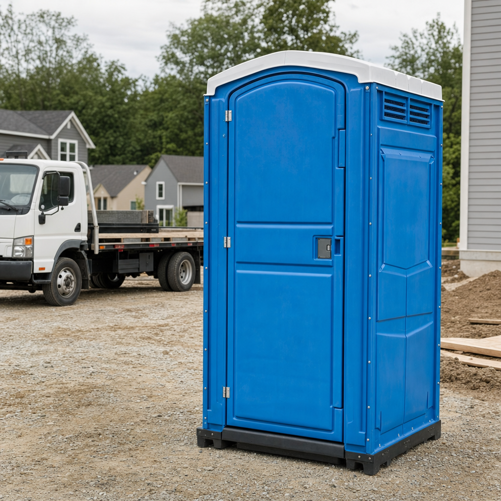 Delivery driver positioning a clean royal-blue portable toilet on level ground at a Loveland worksite