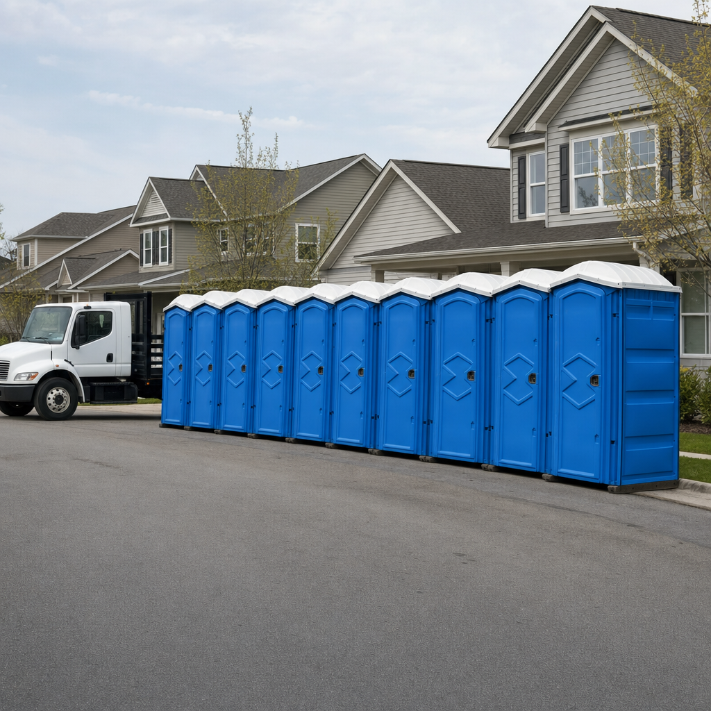 Royal blue portable toilets staged in a tidy row at a Loveland jobsite, ready for delivery